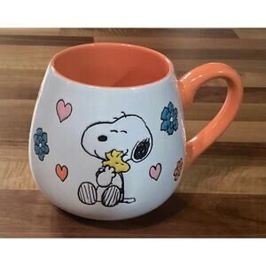 Peanuts Snoopy Woodstock Stoneware Coffee Mug 20 oz Embossed Graphic Flowers